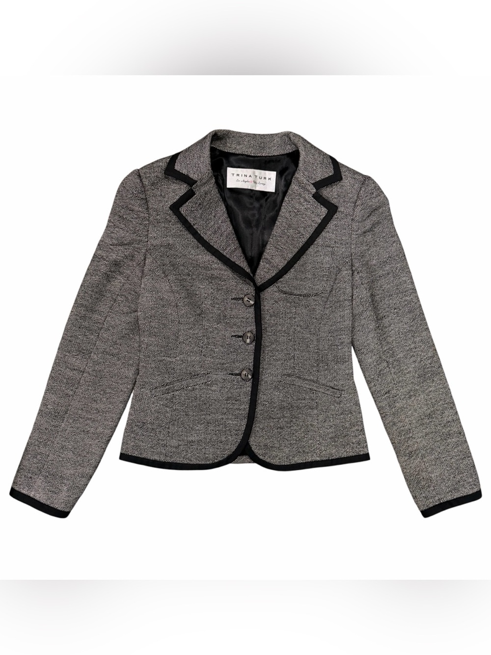 Trina Turk Black White Tweed Cropped Blazer Jacket Wool Silk Trim